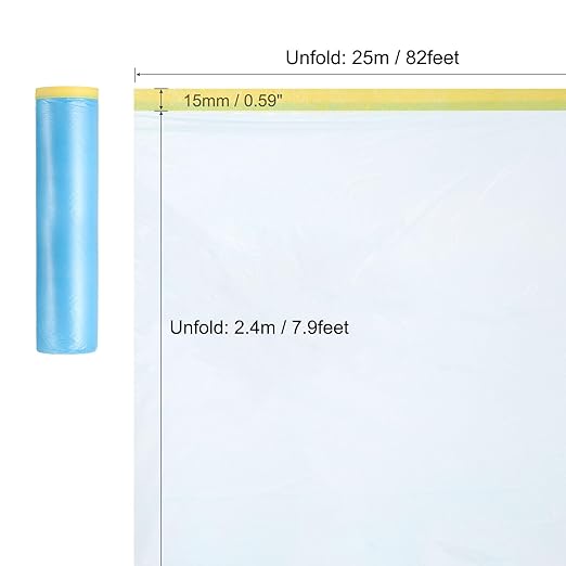uxcell Pre-Taped Masking Film, 7.9ft x 82ft Plastic Paint Drop Cloth with Medium-Tack Painters Tape for Painting Spraying Protection Blue Film 3Pcs