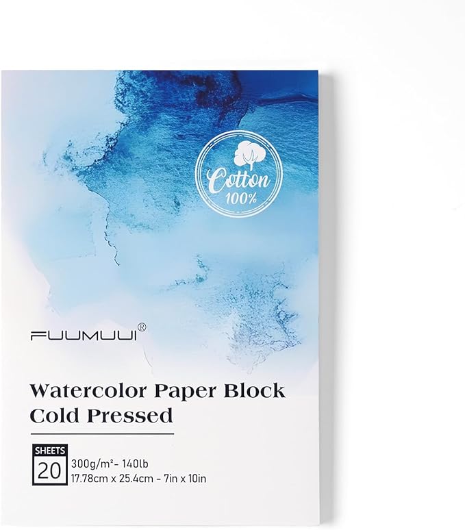 Watercolor Paper Block 7x10 Inch, Fuumuui 100% Cotton Paper Pad, 20 Sheets, Cold Pressed, Acid-Free, 140 lb/300gsm for Painting, Drawing, Art Journaling, Professional Artist Quality