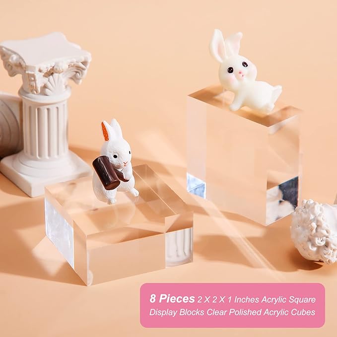 Remerry 8 Pieces Acrylic Display Block 2 x 2 x 1 Inch Clear Polished Acrylic Square Display Cube Block Stand Holder for Rings Jewelry Ornaments