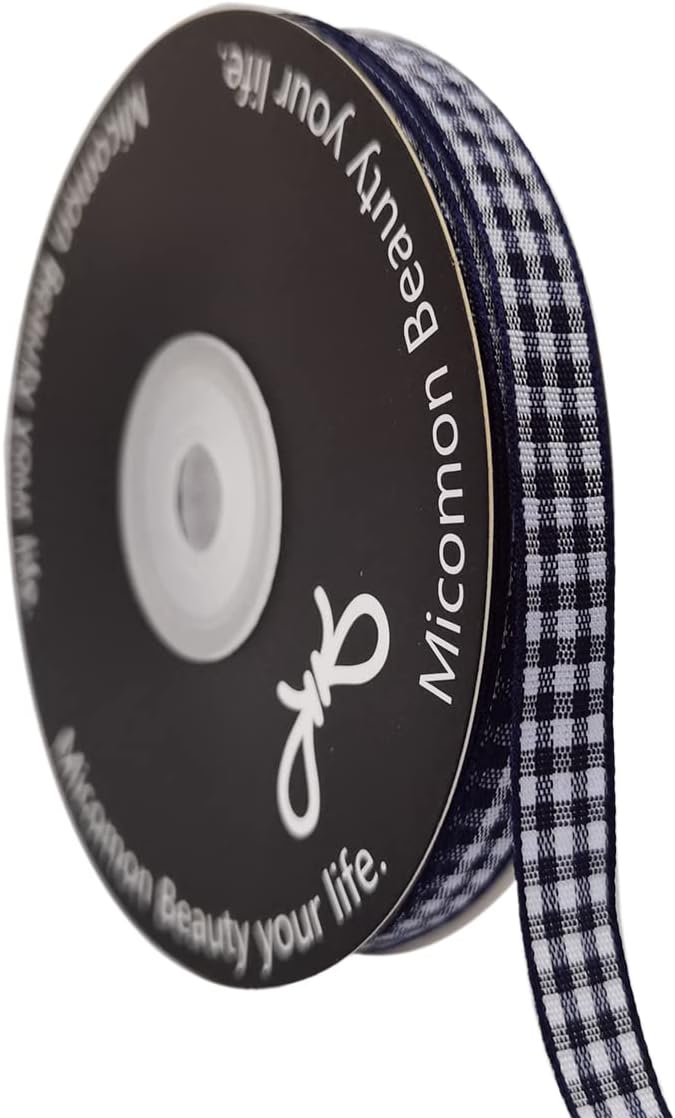 Blue Gingham Woven Edge Ribbon 25 Yards Per Spool,Dark Blue Checked Crafts 3/8 Inch Wide (3/8", Navy)