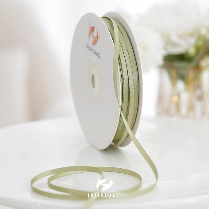 HUIHUANG Solid Color Satin Ribbon 1/8 inch x 100 Yards Roll Ribbon Double Faced for Crafts Gift Wrapping DIY Bows Invitation Card (Spring Green/Sage)