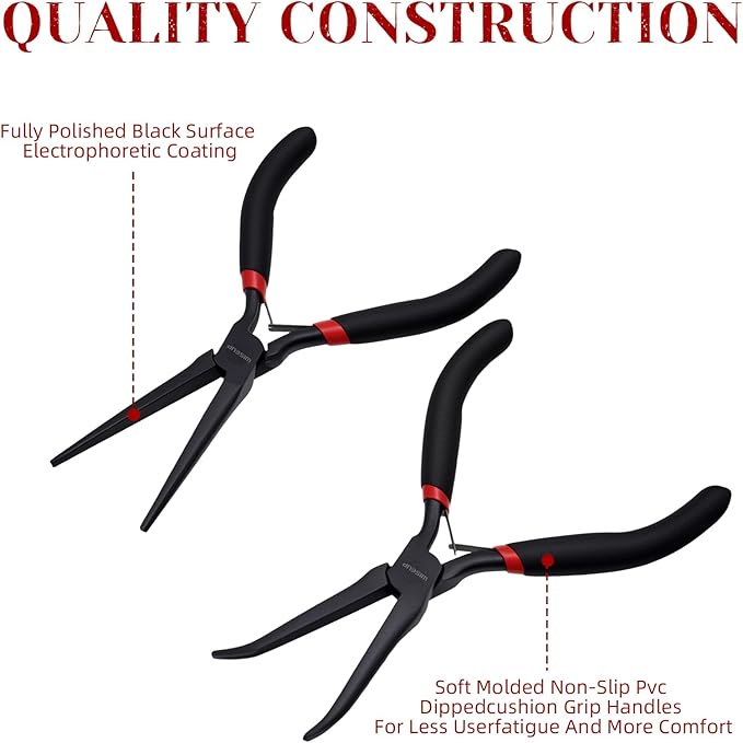 WISEUP 6" Mini Needle Nose Pliers Set，2-Piece Small Long Reach Bent Needle Nose Pliers for Jewelry DIY Craft，Repair & Wire Wrapping