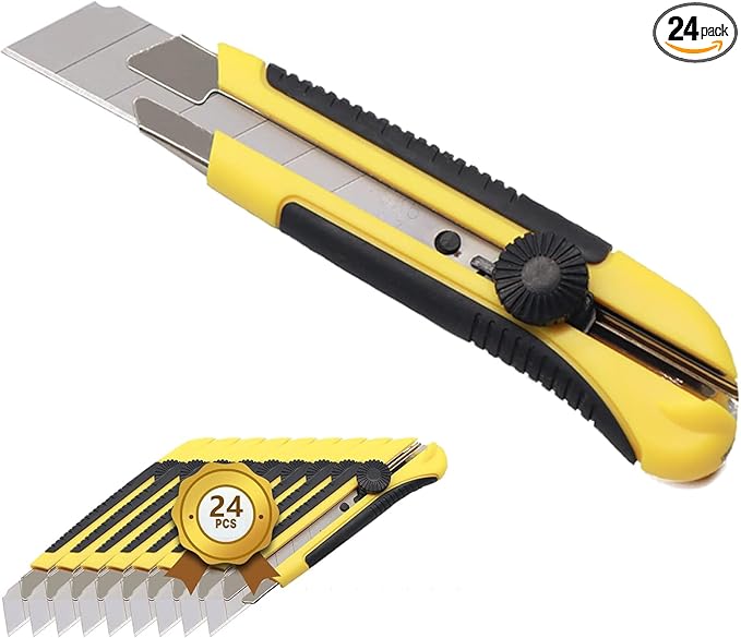 24 Pack Utility Knife, Retractable Box Cutter for Cartons, Cardboard and Boxes, 25mm Wider Razor Sharp Blade, Smooth Mechanism, Perfect for Office and Home use