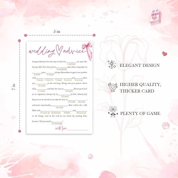 Wedding Shower Games Cards, Wedding Advice Word Game, Bridal Shower Games 25 Guests, Engagement Party Wedding Games for Guests, Pink Ribbon Bow Wedding Party Supplies - E06