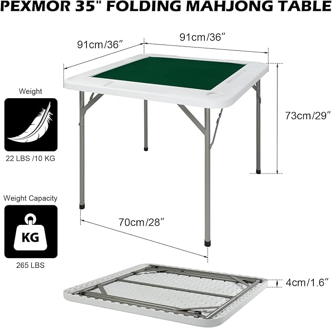 PEXMOR 35" Foldable Mahjong Table, 4 Player Card Game Table w/Cup Holders & Chip Grooves, Portable Folding Poker Domino Board Game Table for Blackjack, Texas Hold'em, Jigsaw Puzzles Game
