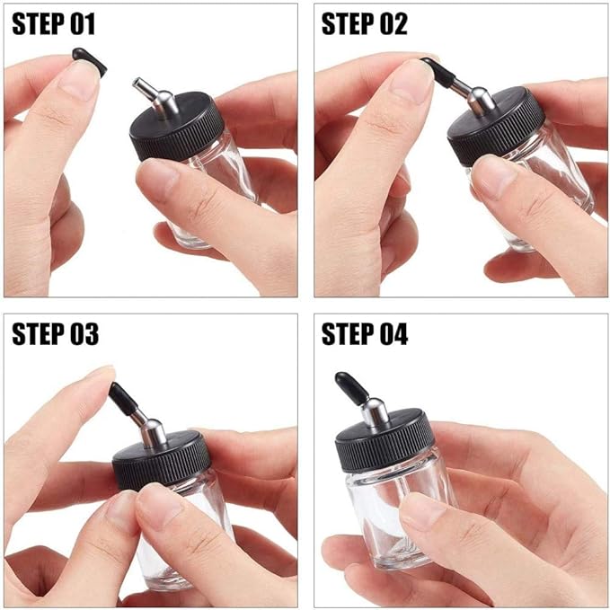 10PCS 22CC Airbrush Glass Bottles with Jar Caps Airbrush jar with 10pcs Adapter Cap Covers Set with 60° Down Angle Adaptor Lid Assembly for Master, Iwata Single Action Airbrush