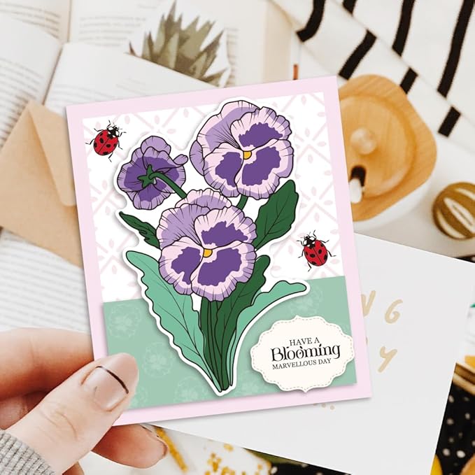 ORIGACH Realistic Pansy Stamps and Dies and Layering Coloring Stencil Set, Silicone Stamps Metal Die Cut and Flower Stencil Template for Card Making Scrapbooking DIY Crafting