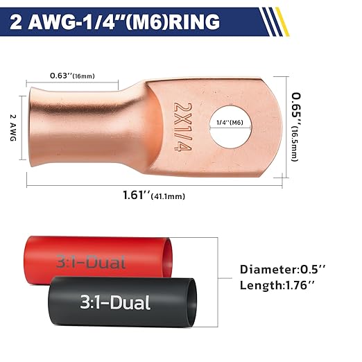 haisstronica 10pcs 2 AWG - 1/4" (M6) Battery Cable Lugs, Heavy Duty Copper Wire Lugs with 10pcs 3:1 Adhesive Heat Shrink Tubing, 2 Gauge Wire Connectors Battery Terminal Connector, Battery Cable Ends