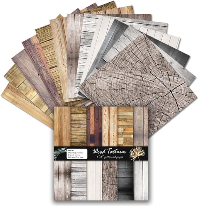 6x6 Inch Scrapbook Paper Pad, Single Sided 12 Unique Vintage Wood Designs for DIY Craft Projects, Card Making and Album Decoration-24 Sheets