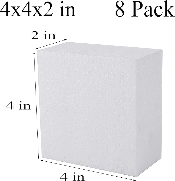 AMZQNART 8 Pack Crafts Foam Blocks, 4x4x2 Square Polystyrene Foam Bricks for Art Sculpting, Flower Arrangements, Sculpture, Modeling, School and Home DIY.
