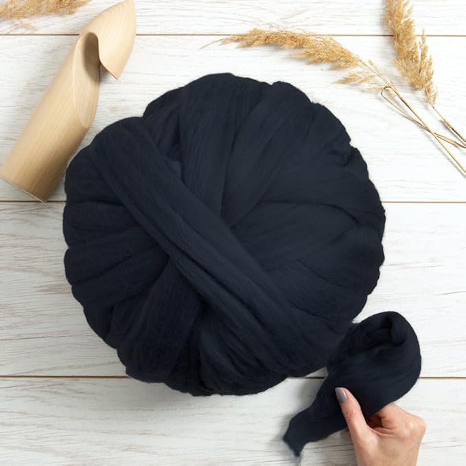 Colored Natural Bulk Wool roving, 8 OZ. Best Wool for Needle Felting, Wet Felting, handcrafts and Spinning Yarn (Total Black)