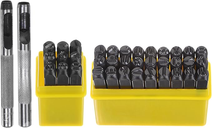 HARFINGTON 36pcs Metal Stamping Kit 1/4" (6mm) (A-Z, 0-8, "&" Symbol) Steel Letter Punch Press Tool with Hole Punch to Stamp on Metal, Plastic, Wood, Leather, Black