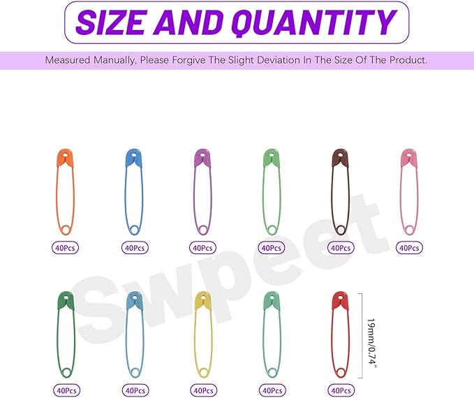 Swpeet 440Pcs 19mm/0.75 Inch Colorful Safety Pins Assortment Kit, Rust Resistant Steel Small Safety Pin Kit with Clear Case, Mini Safety Pins for Sewing, Clothes, Craft Arts