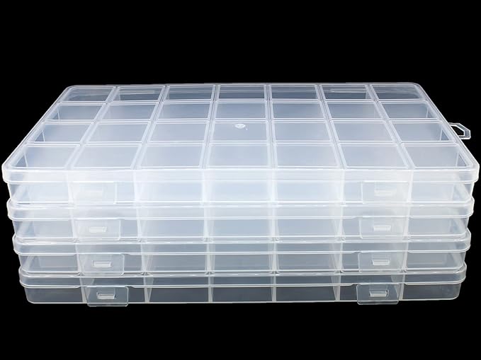 4Packs 28 Grids Bead Organizer Plastic Organizer Box with Fixed Dividers-Jewelry, Accessories, and Small Parts Container Clear Box for Jewerly Beads, Sewing, Drawing