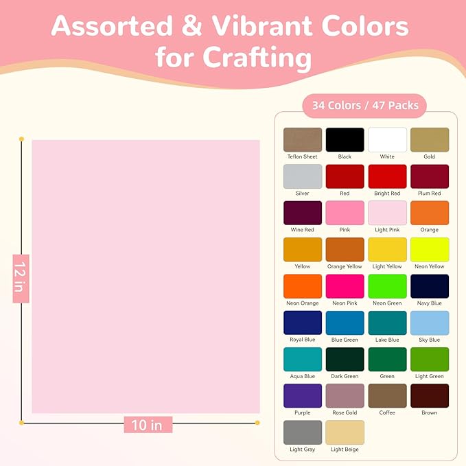 HTVRONT HTV Heat Transfer Vinyl Bundle: 47 Pack 12" x 10" Iron on Vinyl for T-Shirt, 33 Assorted Colors with HTV Accessories Tweezers, Silhouette Cameo or Heat Press Machine