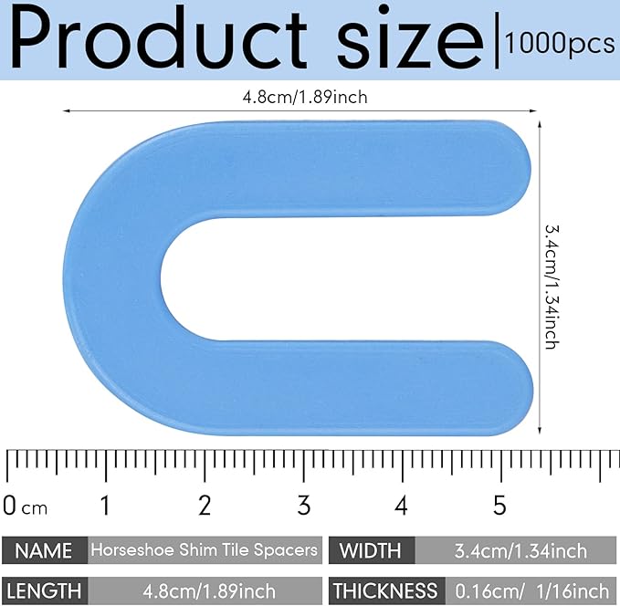 Yookeer 1000 Pieces Tile Leveling System Tile Spacers 1/16 Inch, Horseshoe Shim U Shape Plastic Vitrolite Leveling Clips for Various Types, Blue