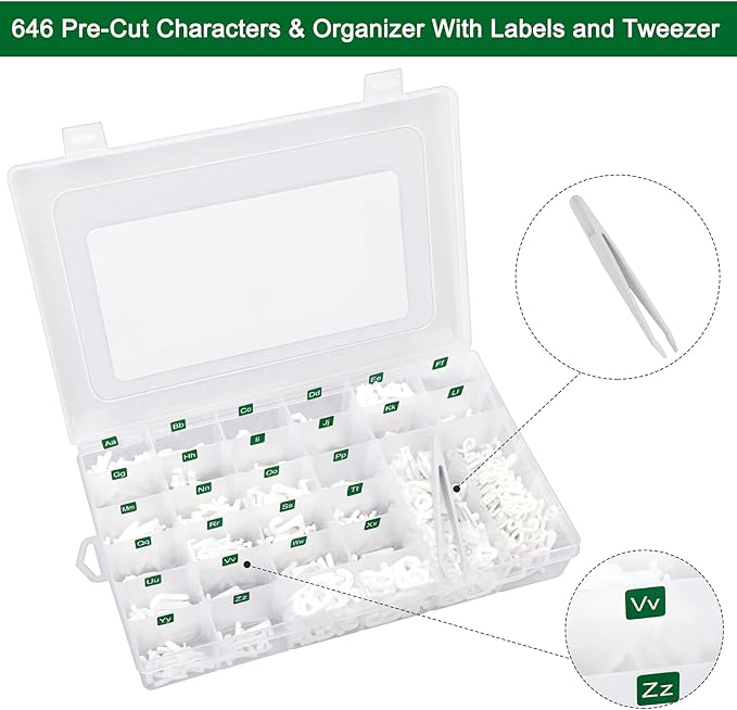 Letter Board Letters Only,646 PRE-Cut Characters (3/4 and 1 Inch,White) with Sorting Tray,Felt Letter Board Letters (Choice B)