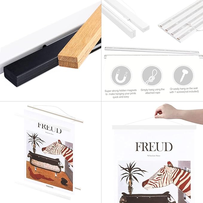 Ywlake Magnetic Poster Hanger, 20x28 20 x 30 20x24 Poster Frame Wood Wooden Magnet Print Posters Dowel Scroll Hanger Hangers Hanging Kit for Walls Map Canvas Artwork (White, 20")