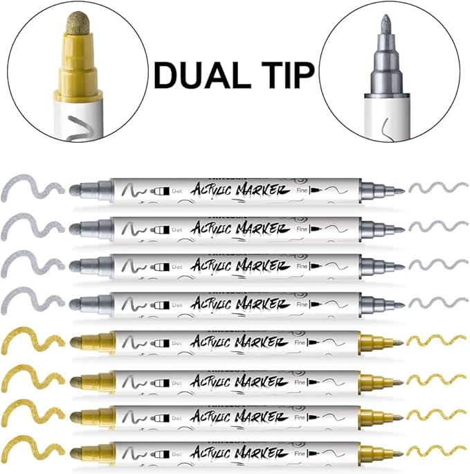 TRANSON 4 Silver and 4 Gold Paint Markers Bold and Fine Dual-tip Acrylic Paint Marker Set for Rock Painting Glass Canvas Wood Leather Ceramic Painting