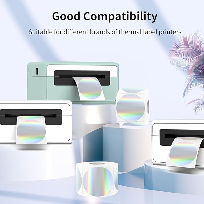 2" Holographic Thermal Label Stickers, Round Direct Thermal Label Stickers, Thermal Printer Sticker Labels for Gift Wrapping, Self-Adhesive Custom Logo Design- Silver