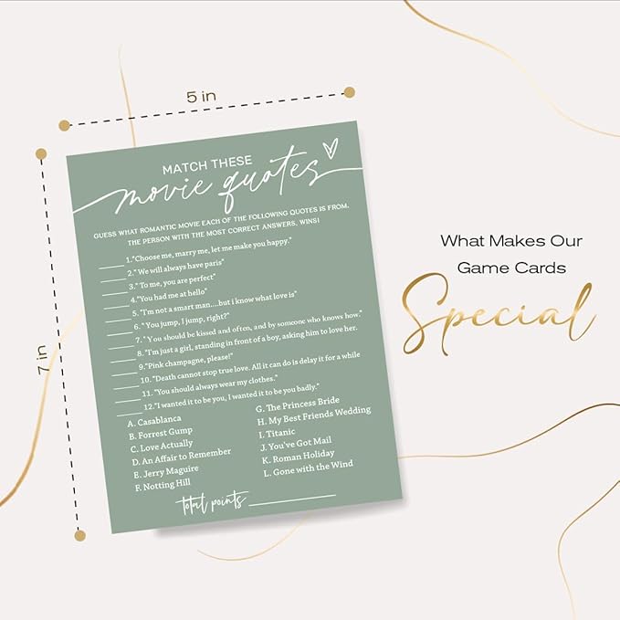Bridal Shower Games Cards, Match These Movie Quotes, 25 Game Cards with 1 Answer Card, Engagement Party Wedding Games for Guests, Minimalist Green Wedding Party Supplies - C09