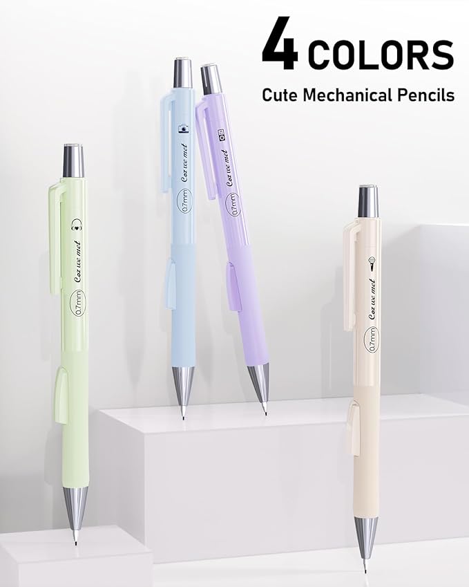 Four Candies Cute Mechanical Pencil Set with Case, 4PCS 0.7mm Pastel Fast Click Aesthetic Mechanical Pencils with 480PCS HB Lead Refills, 2 Erasers, 12 Eraser Refills School Supplies for Girls Writing