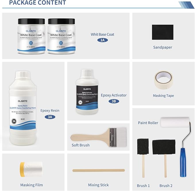 GLAINTE Bright White Marble Countertop Paint Kit Epoxy Countertop Refinishing Paint for Kitchen Bathroom Cover 38 Sq.Ft
