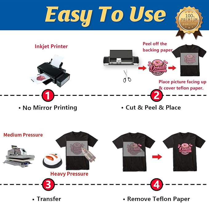 TransOurDream Heat Transfer Paper for Dark T Shirts (50 Sheets, 8.5x11", Dark 1.0) Iron on Transfers Paper for Inkjet Printer Printable Heat Transfer Vinyl for Dark Fabrics