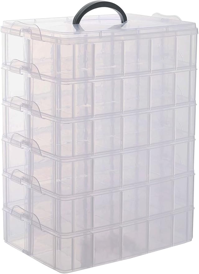 Sooyee 6-Tier Stackable Craft Organizers and Storage Box with 60 Compartments,Plastic for Toys,Dolls, Arts and Craft, Fuse Beads, Washi Tape, Rock Collection, Ribbons,Clear