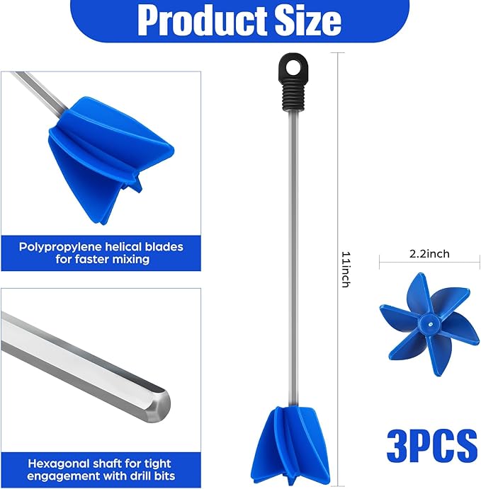 Loosh 3 Pcs 11 Inch Paint Stirrer for Drill, Paint Mixer Attachment, Helix Epoxy Mixer for Concrete Resin Silicone Stirrer Paddle Works with Most Drills (Blue)