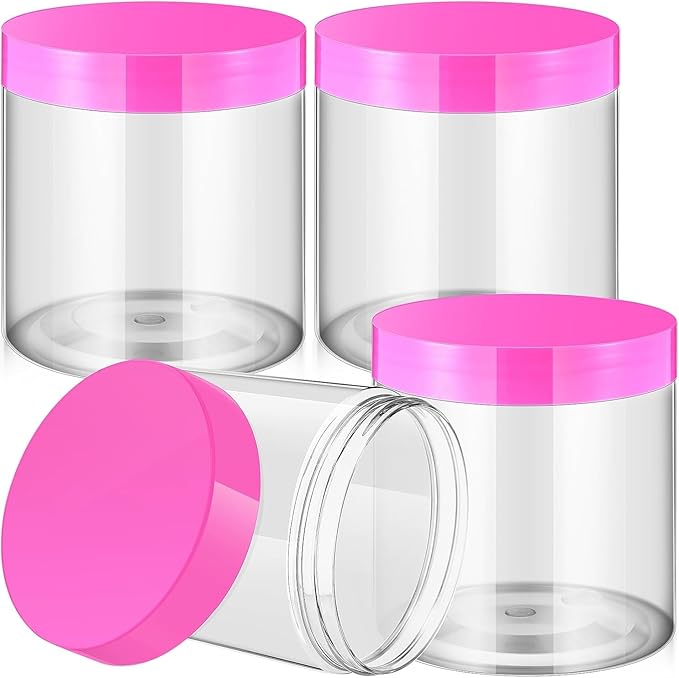 SATINIOR 12 Pack 16 oz Plastic Container Jars with Lids Round Clear Travel Cosmetic Container Slime Jars for Toiletries, Lotion, Cream, Ointments, Makeup, Rhinestone, Samples, Kitchen Storage(Pink)