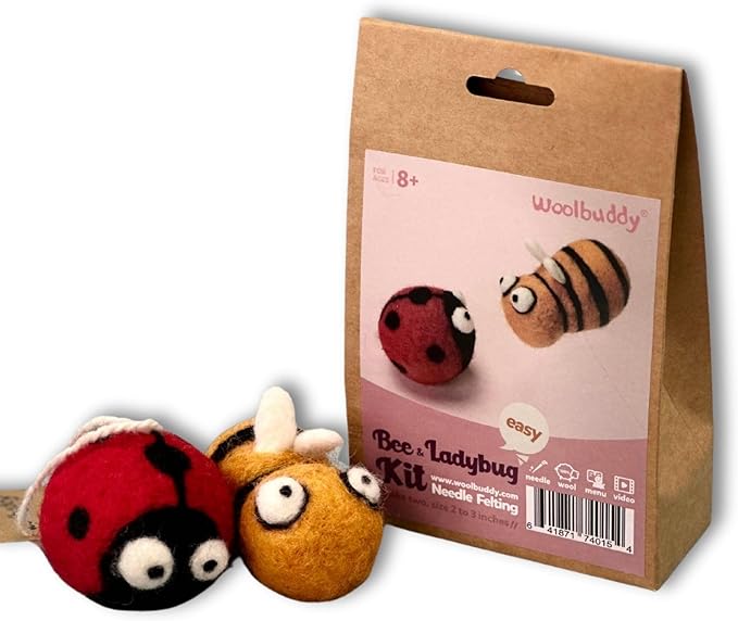 Woolbuddy Needle Felting Kit for Beginners Adults, Bee and Ladybug Animal Craft Set, Includes Materials, Tools, and Instructions for DIY Hobbyists