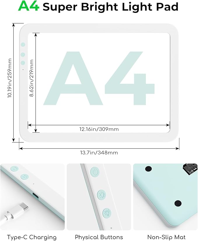 Rechargeable A4 Light Board with Weeding Tools Set and Accessories for Vinyl,Bawaslom Ultra-Thin & Bright Light Pad for Vinyl Weeding with 3 Colors & 6-Level Brightness for Diamond Art,Tracing