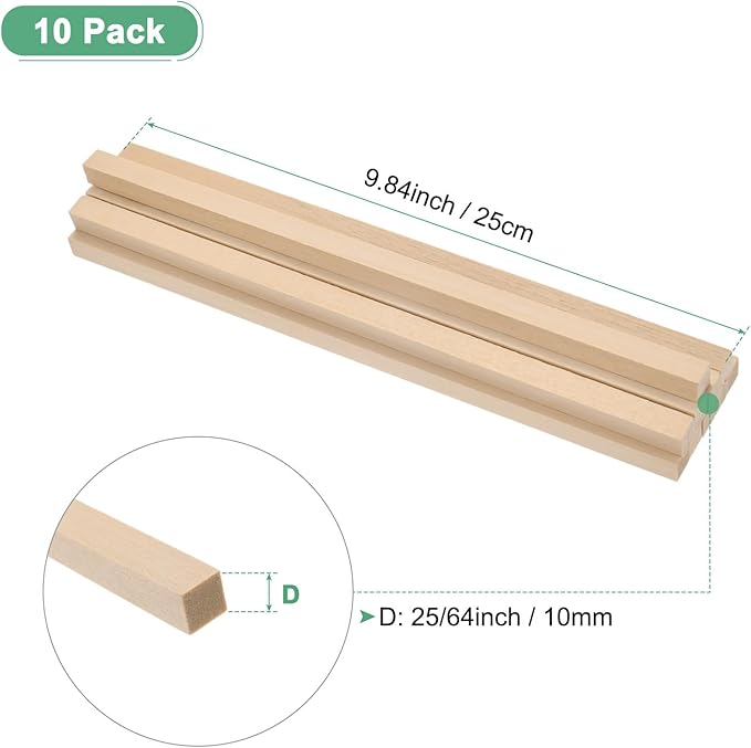 10-Pack Wood Square Dowel Rods, 25/64 x 10 Inch Unfinished Wooden Square Dowel Rod, Hardwood Square Dowel Sticks for Crafts/DIY Projects/Models Making [Wood Color]