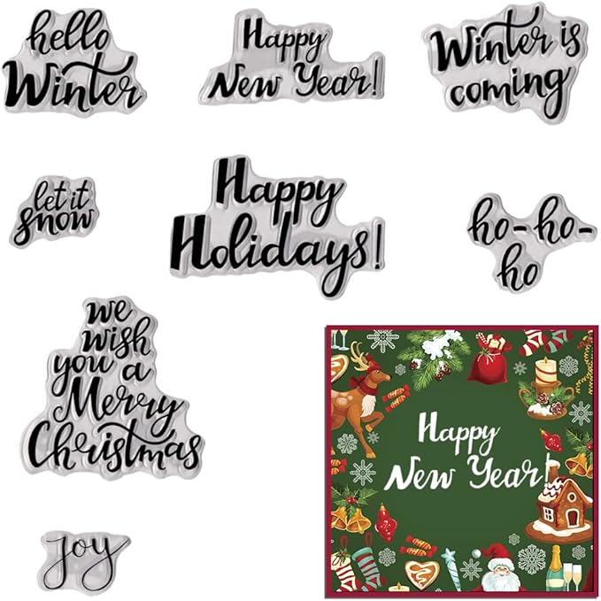 ABTOLS Merry Christmas Clear Stamps for Card Making and Photo Album Decorations, Happy New Year Words Winter Greeting Clear Rubber Stamps for Card Making Decoration and DIY Scrapbooking