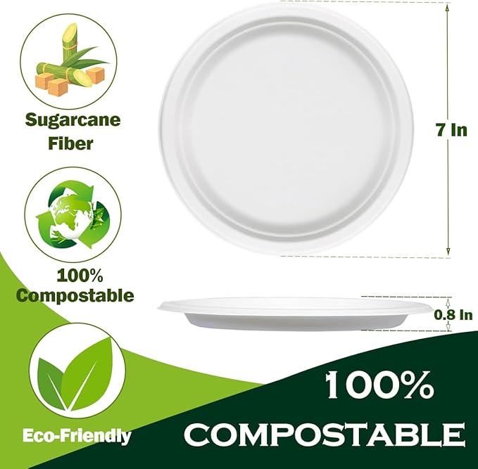 White Paper Plates 7 Inch (Round,150 Count) Heavy Duty Disposable Dinner Plates Bulk, Small Compostable Dessert Dishes for Party, BBQ and Gathering, Microwave-Safe/Sturdy/Leak Resistant