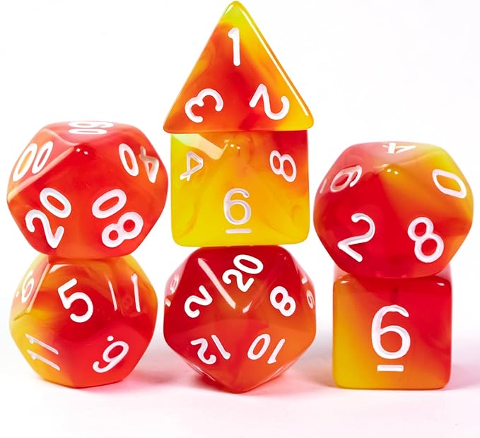 7-Die DND Dice Set Polyhedral Dice Set with a Leather Dice Bag, D&D Dice Set for Dungeons and Dragons, RPG Table Games (T/Red Yellow)
