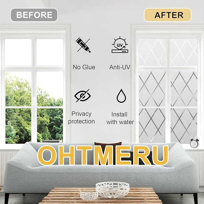 Window Privacy Film Decorative for Front Door, Bathroom Static Cling Stained Glass Sticker Opaque Heat Control UV Blocking Non-Adhesive for Home,Grid 23.6 x 78.7 inches