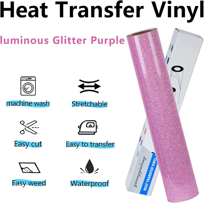 guangyintong Glow Glitter Purple Heat Transfer Vinyl HTV Rolls, 12" x 8ft Iron on Vinyl for T-Shirts, Glitter HTV Vinyl for All Cutter Machines Easy to Cut & Weed for DIY Design