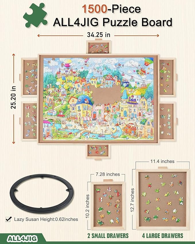 ALL4JIG 1500 Pieces Rotating Puzzle Board with 6 Drawers and Cover,25"x34"Portable Wooden Jigsaw Puzzle Table for Adults,Lazy Susan Spinning Puzzle Boards Birthday Gift for mom