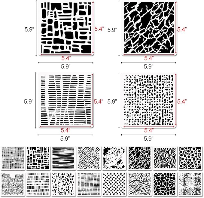 16 Pcs Layering Stencils for Painting, 6"x6" Mixed Texture Bubble Dot Waves Stone Crackle Splatter Geometric Stencils for Painting on Card Canvas, Mix Media Spray Paint Templates