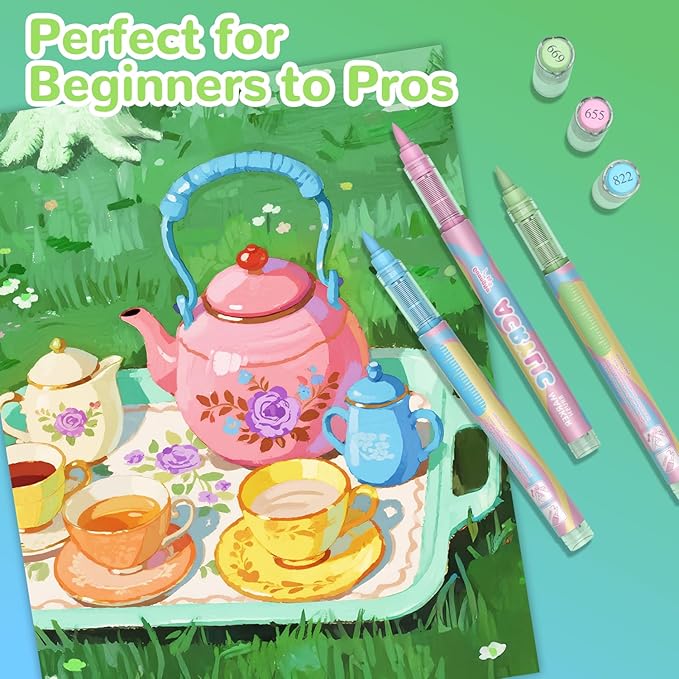 Guangna 12 Macaron Acrylic Paint Markers Set, Brush Tip Acrylic Paint Pens for Rock Painting, Wood, Glass, Paper, Coloring Book, Ceramic, Canvas, Water-Based Ink