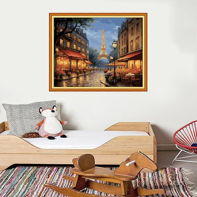 Foxdiviy Stamped Cross Stitch Kits for Beginners Full Range of Cross Stitching 11 CT Printed Cross Stitch Kits for Kids Adults Cross Stitch Patterns Needlepoint Kits-Eiffel Tower Street 16x20 inch