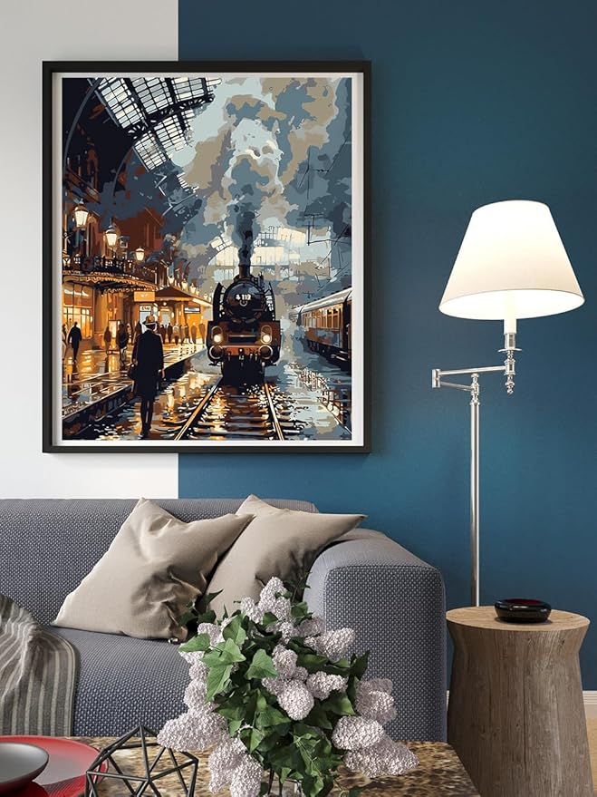 Moohue 14ct Counted Cross Stitch Kits for Adults Train Station Printed Stamped Cross Stitch Patterns Kits Cross Stitch Supplies (Train Station)