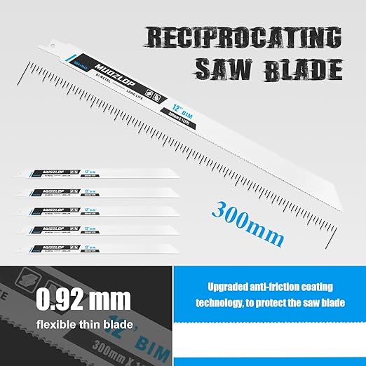5 Pack 12 inch Reciprocating Saw Blades Set,14 TPI High Carbon Saw Blades, Metal Saw Blades with Organizer Case (5, 14TPI/300mm)