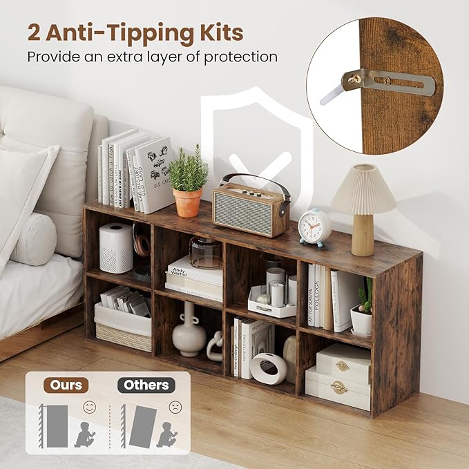 Giantex 8-Cube Bookcase, Floor Standing Bookshelf with Storage & 2 Anti-Tipping Kits, Open Storage Organizer, Cubby Wooden Book Shelf for Living Room, Study & Bedroom, Rustic Brown