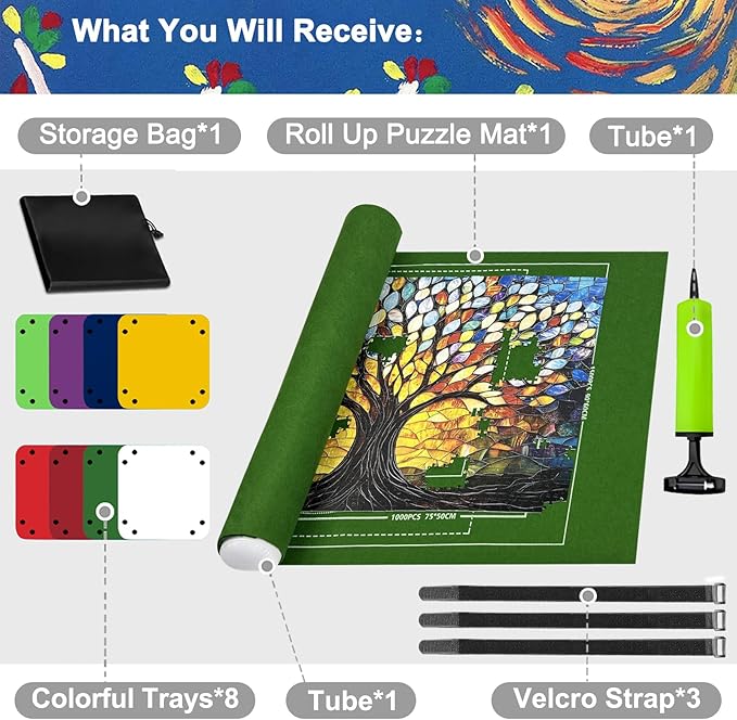 Napzy Puzzle Mat Rollup Puzzle Mats for Jigsaw Puzzles Storage Puzzles Matt Roll Up Board Saver with 8 Sorting Trays 1 Drawstring Bag Jigsaws Table for Up to 1500PCS