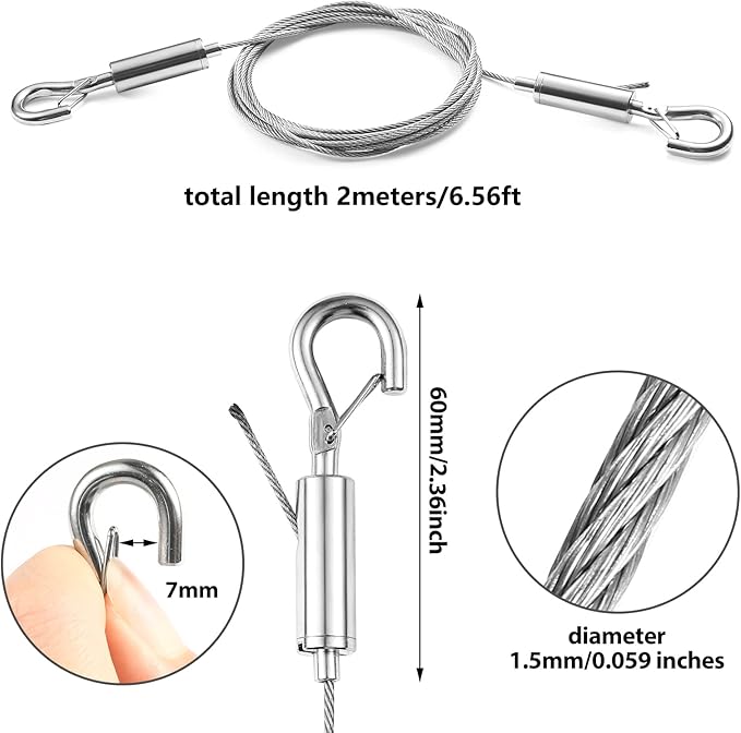 4Pcs 2m x 1.5mm Adjustable Picture Hanging Wire Kit,Heavy Duty Stainless Steel Rope for Hanging Mirrors,Frames,Lamps,Holds Up to 66lbs(30kg)