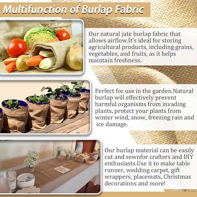 Burlap Fabric Roll, 63" x 15 Feet Burlap Garden Fabric Natural Jute for Decorations, Crafts, Weddings, Table Runner, Landscaping, Plants & Tree Covering