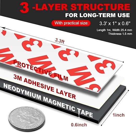 Neodymium Magnetic Tape, Flexible Magnet Tape Strips Roll (1'' Wide x 3.3 ft Long) with Strong 3M Adhesive Backing, Magnetic Strips Heavy Duty Perfect for Wall, DIY, Art Projects & Fridge